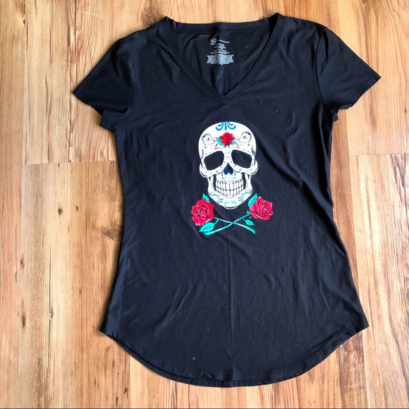 Sugar Skull Rose Tee Shirt Small Black Women’s Juniors - Picture 1 of 15